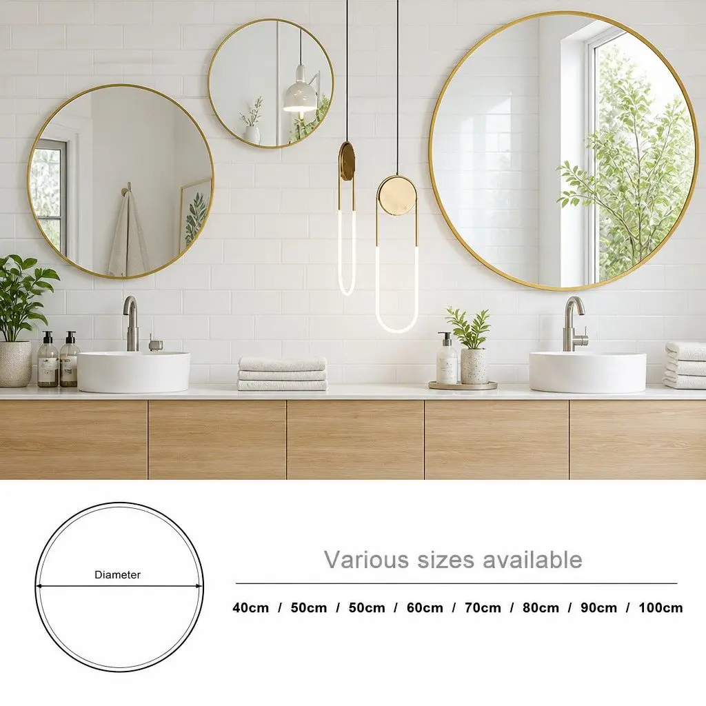 Round Wall Mirror Glass 80cm Gold Vintage Metal Frame Decorative Home