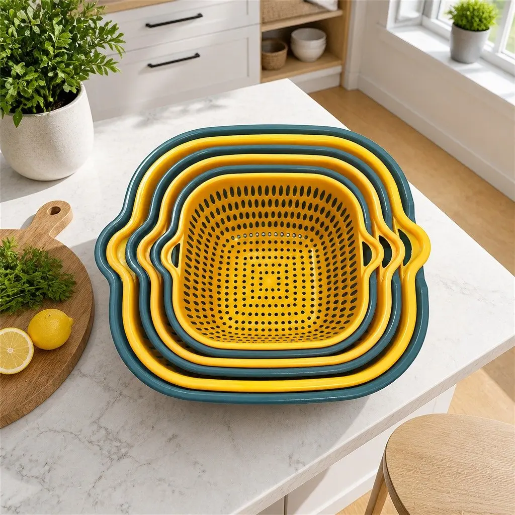 Fruit Vegetable Storage Basket Set Plastic Double-Layer Large Capacity Blue Yellow