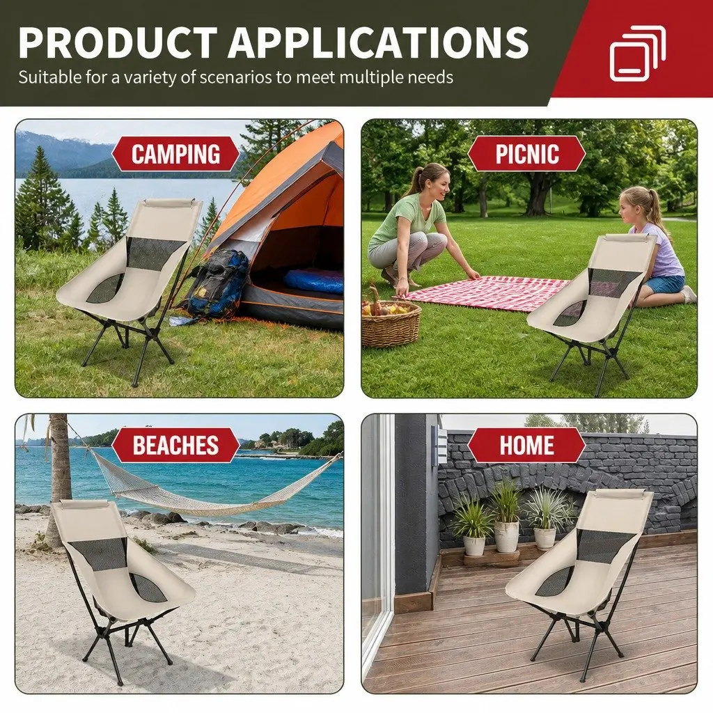 Foldable Moon Chair Lightweight Oxford Fabric 55 x 67 x 89cm Khaki