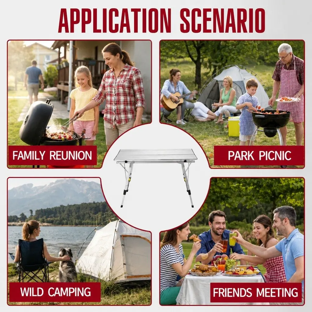 Folding Camping Table Aluminum Adjustable Height 90x53cm White