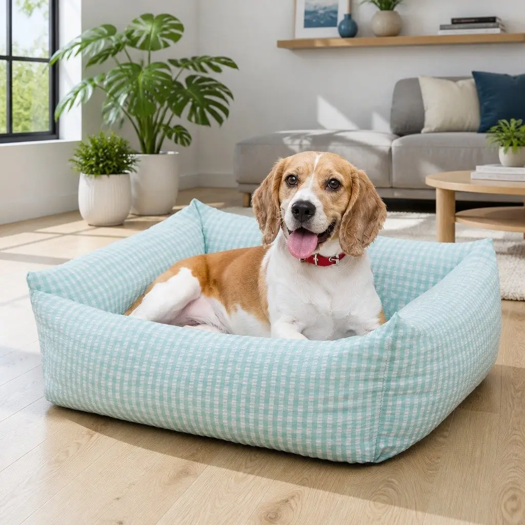 Pet Bed PP Cotton Square Blue Check Removable Washable 55x40x18cm