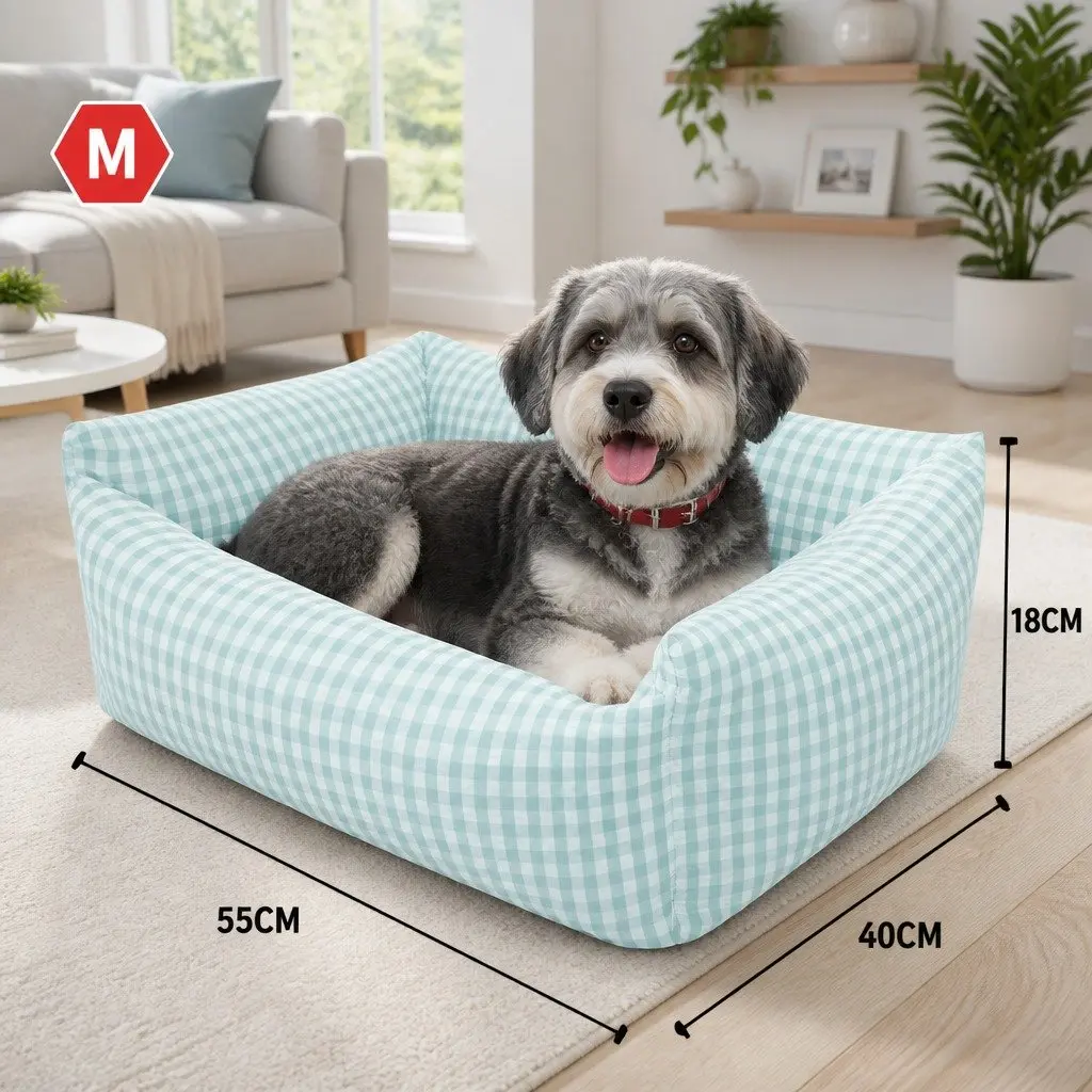 Pet Bed PP Cotton Square Blue Check Removable Washable 55x40x18cm