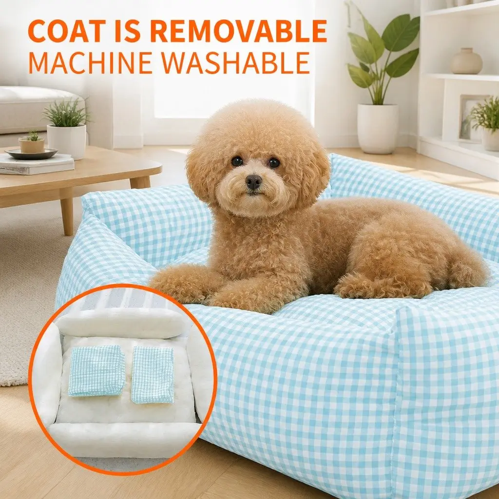 Pet Bed PP Cotton Square Blue Check Removable Washable 55x40x18cm