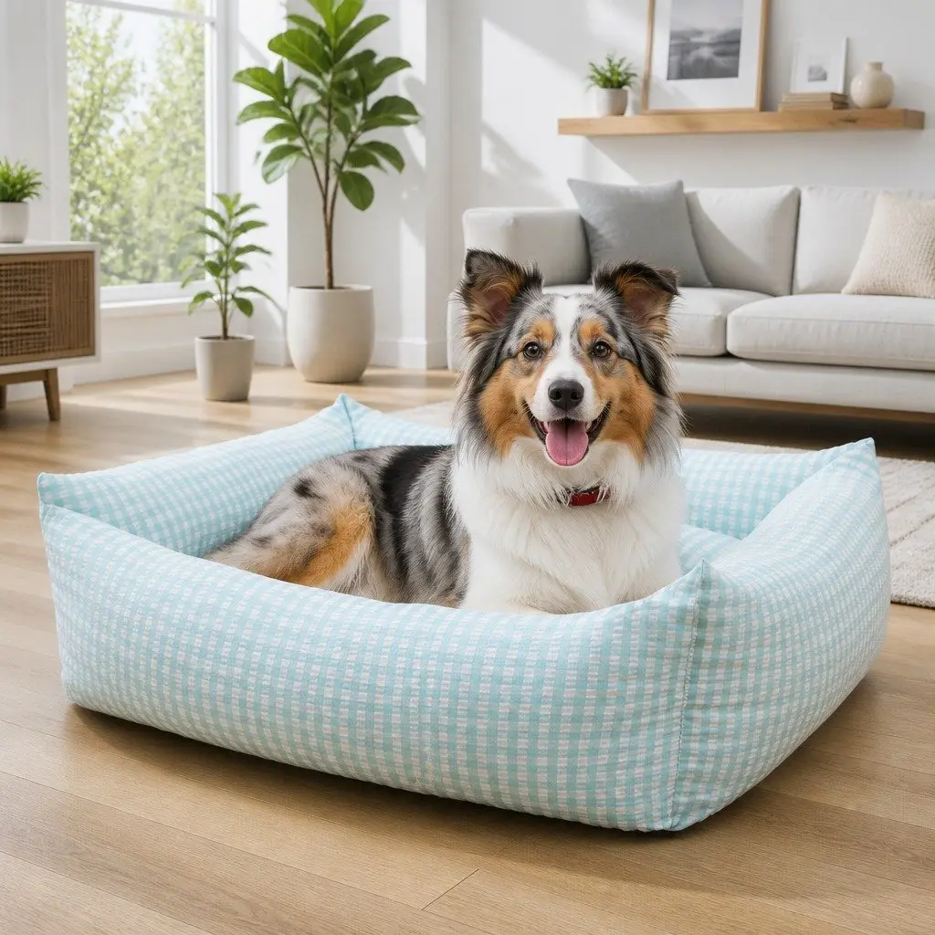 Pet Bed PP Cotton Square Blue Check Removable Washable 55x40x18cm