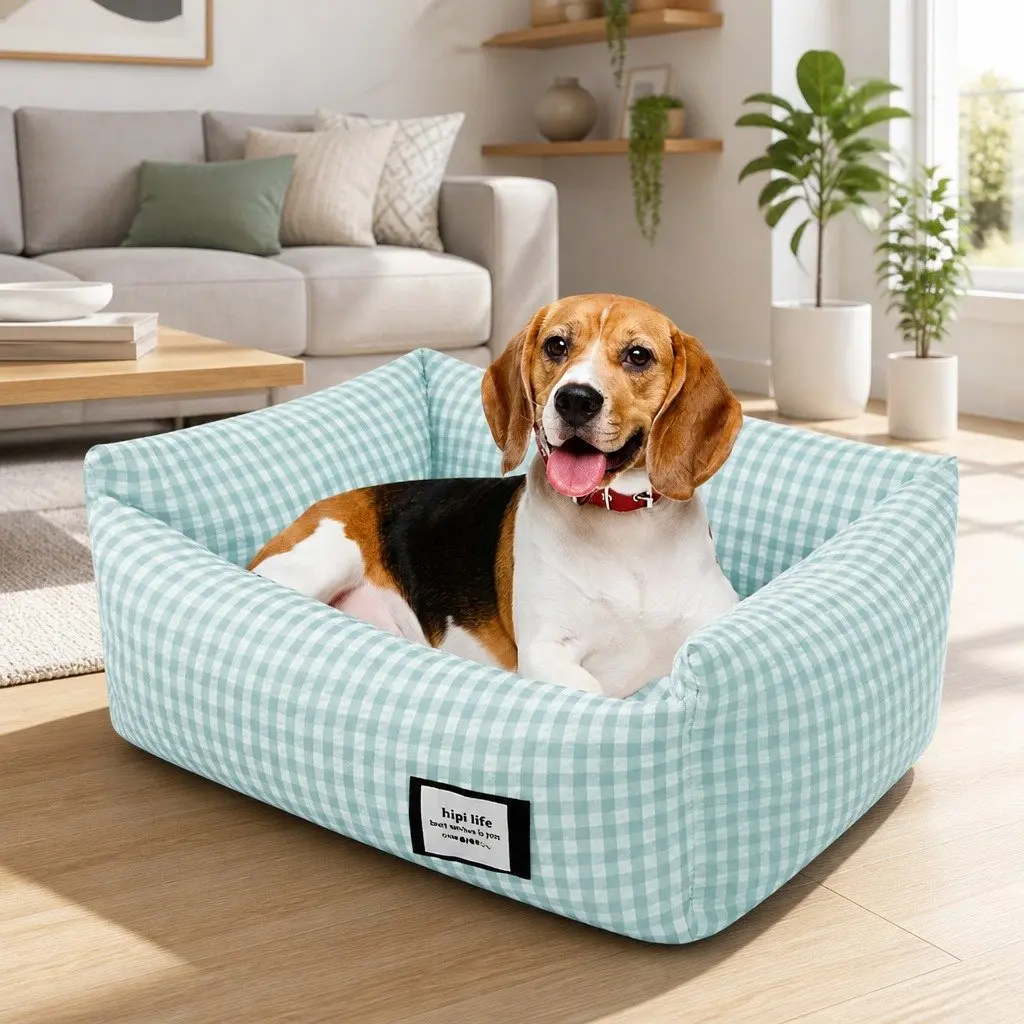 Pet Bed PP Cotton Square Blue Check Removable Washable 55x40x18cm