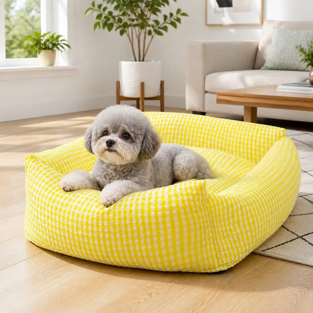 Pet Bed PP Cotton Square Removable Washable Cushion for Dogs Cats Yellow 45x35x18cm