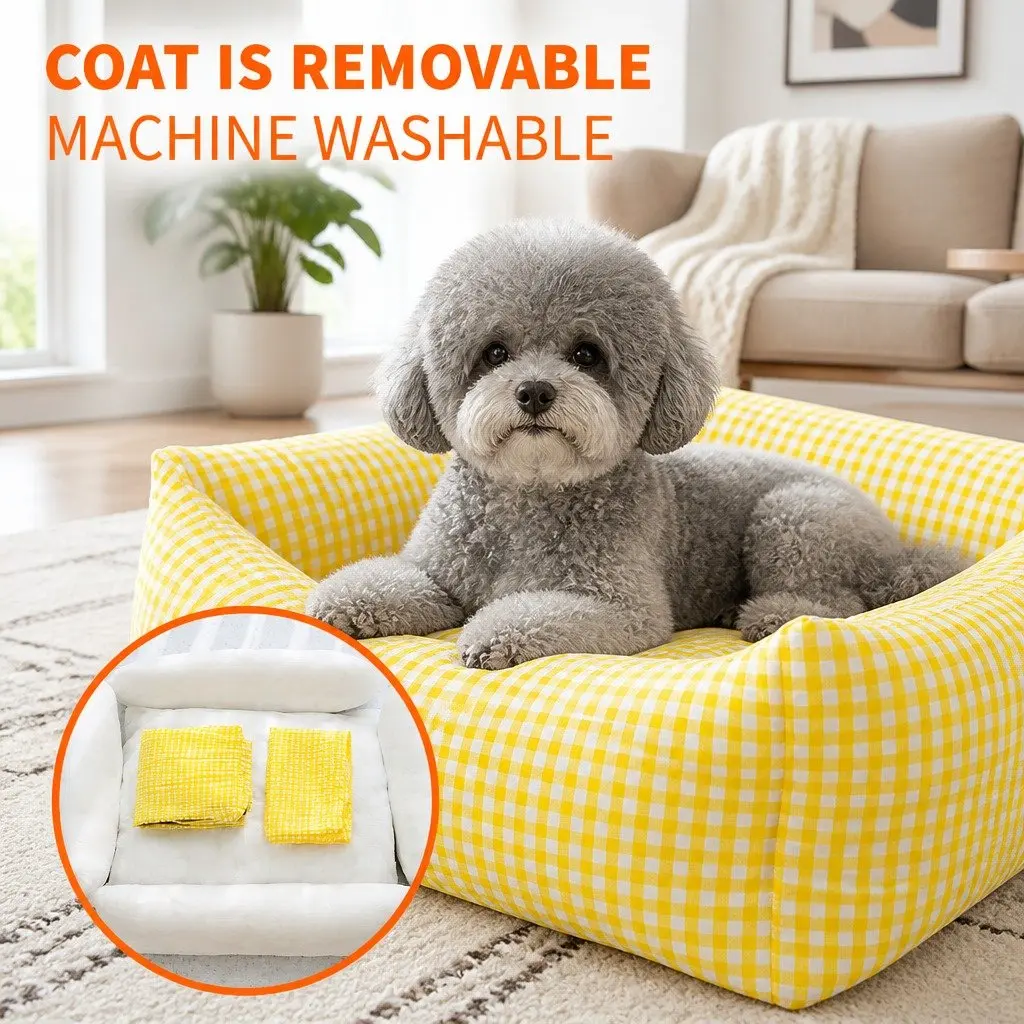 Pet Bed PP Cotton Square Removable Washable Cushion for Dogs Cats Yellow 45x35x18cm