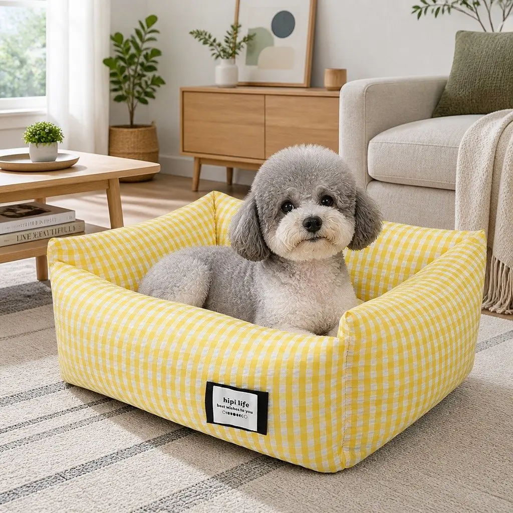 Pet Bed PP Cotton Square Removable Washable Cushion for Dogs Cats Yellow 45x35x18cm