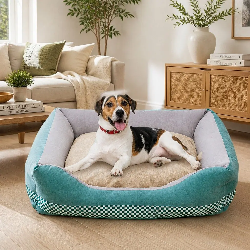Checkerboard Pet Calming Bed Washable Soft Warm Cat Dog Nest House Mat Green