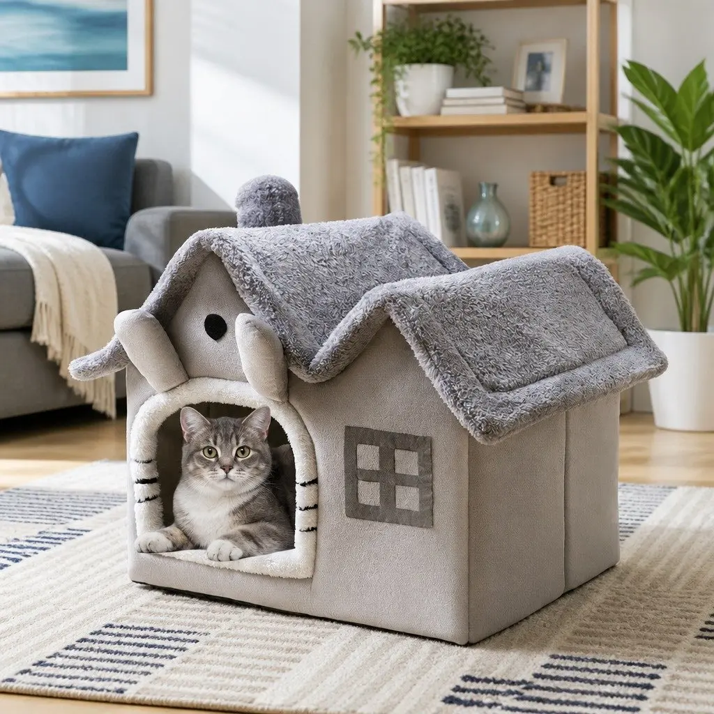 Pet Bed Removable Washable Soft Sponge Indoor Grey 39x32x34cm Double Roof Dog Cat Tent