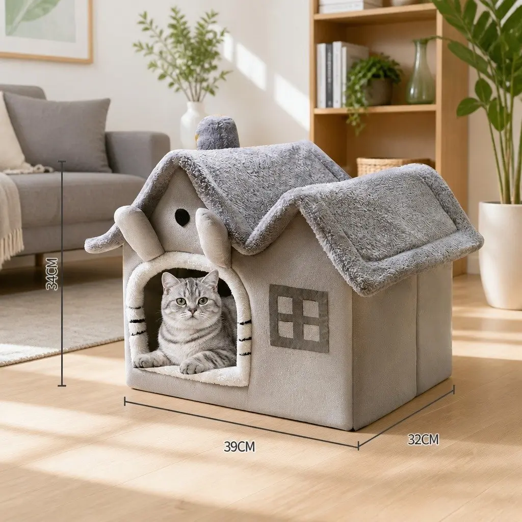 Pet Bed Removable Washable Soft Sponge Indoor Grey 39x32x34cm Double Roof Dog Cat Tent