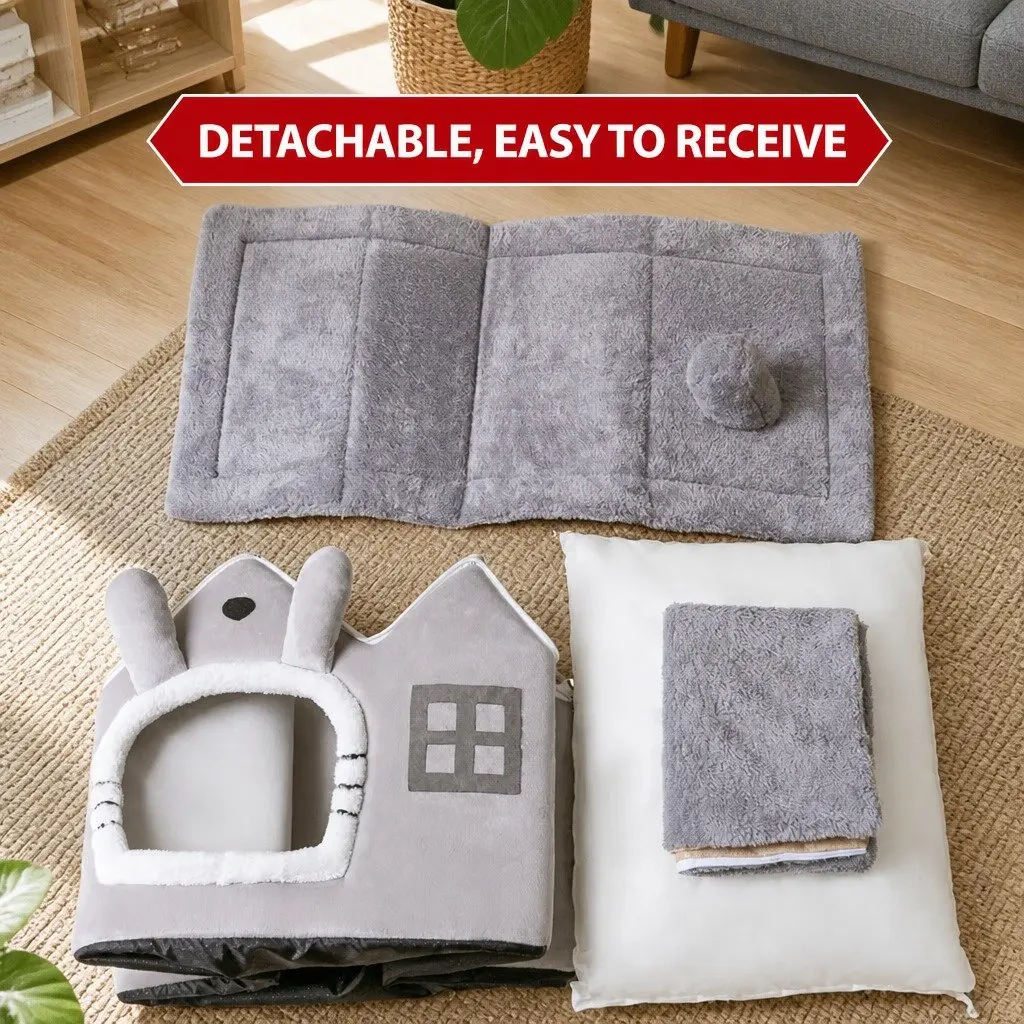 Pet Bed Removable Washable Soft Sponge Indoor Grey 39x32x34cm Double Roof Dog Cat Tent