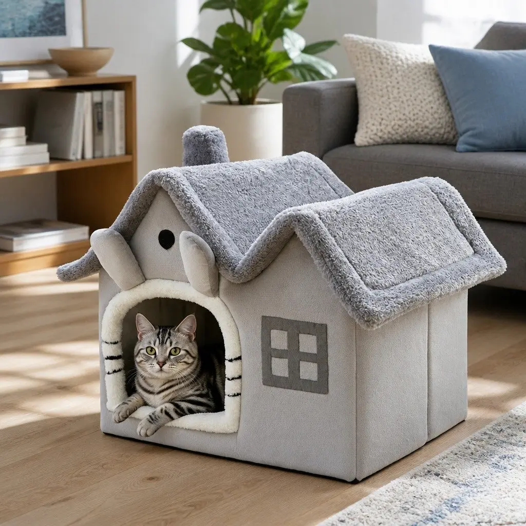 Pet Bed Removable Washable Soft Sponge Indoor Grey 39x32x34cm Double Roof Dog Cat Tent