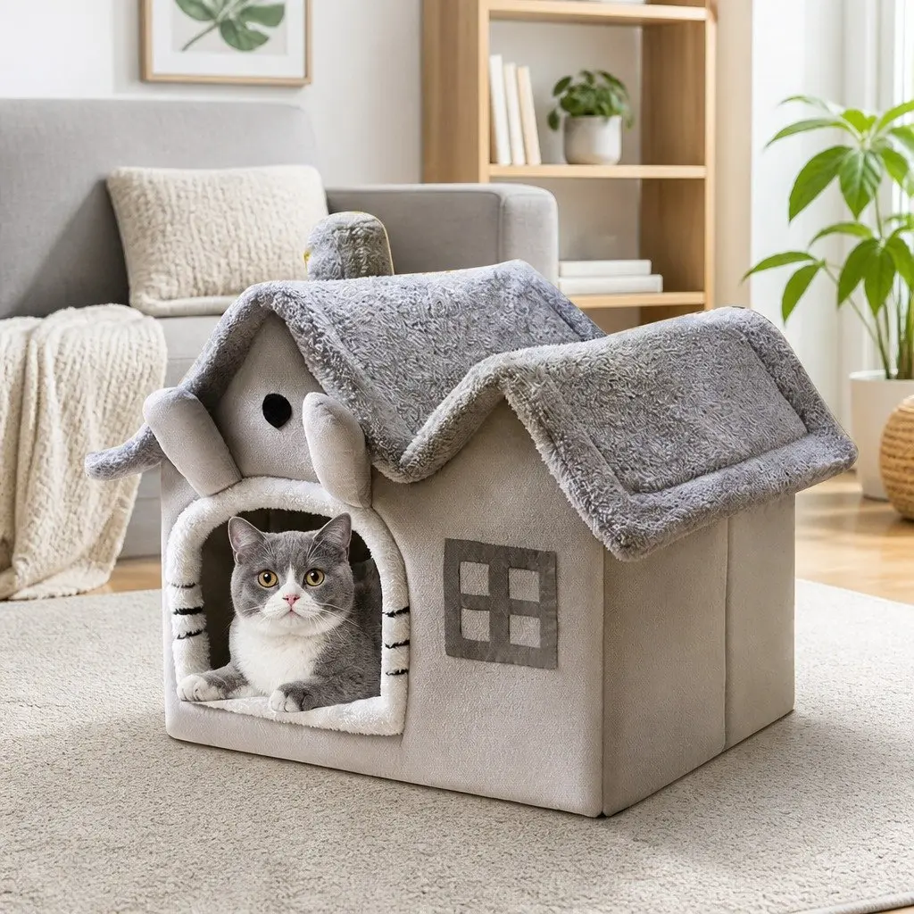 Pet Bed Removable Washable Soft Sponge Indoor Grey 39x32x34cm Double Roof Dog Cat Tent