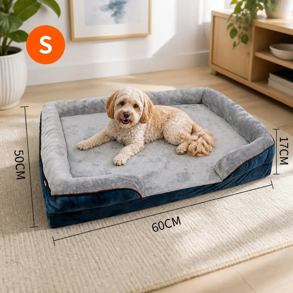 Orthopedic Dog Sofa Bed Grey with Three-Sided Padding Size S Tech Cloth and Thickened Sponge Cushion
