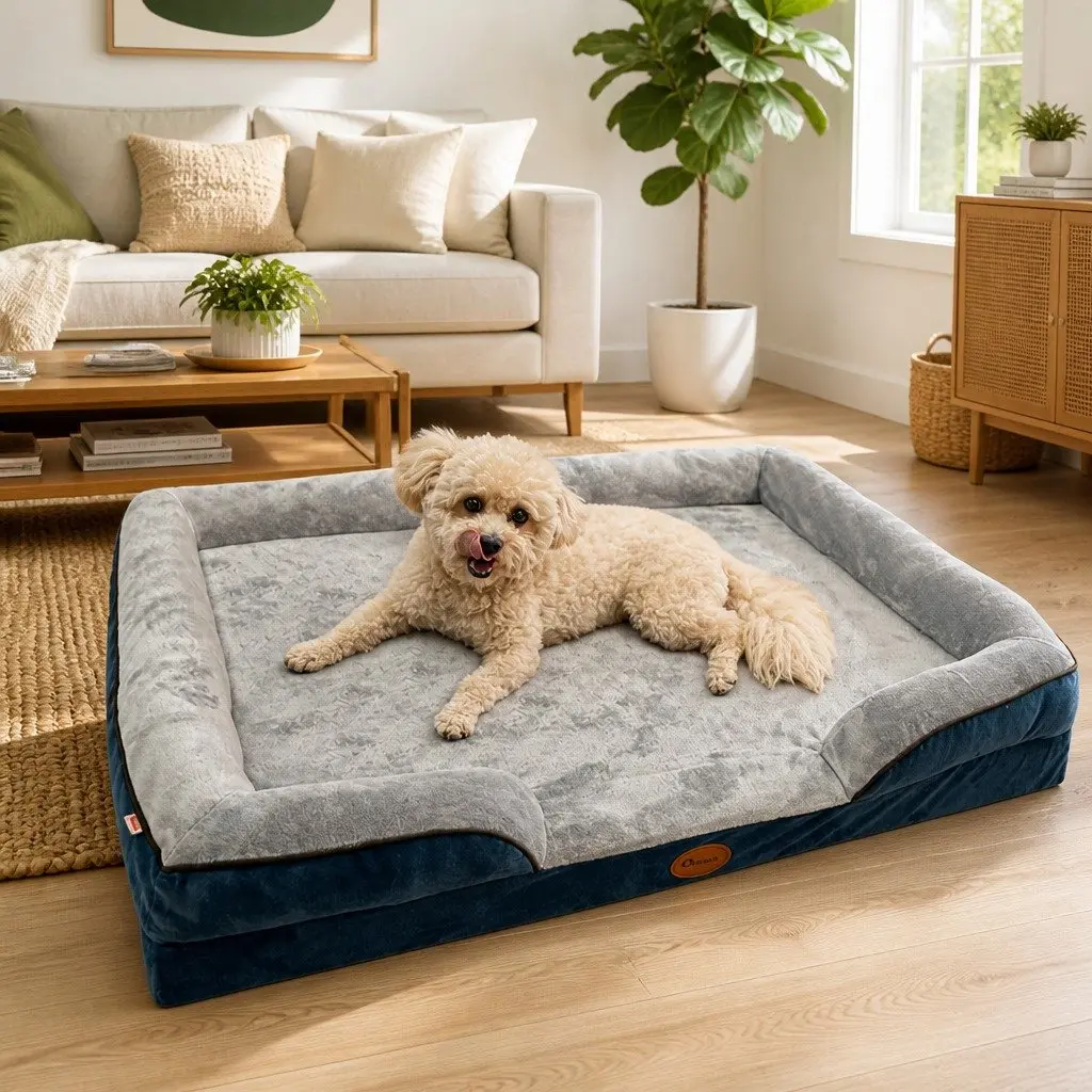 Orthopedic Dog Sofa Bed Grey with Three-Sided Padding Size S Tech Cloth and Thickened Sponge Cushion
