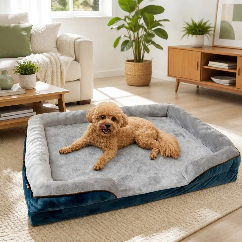Orthopedic Dog Sofa Bed Grey with Three-Sided Padding Size S Tech Cloth and Thickened Sponge Cushion