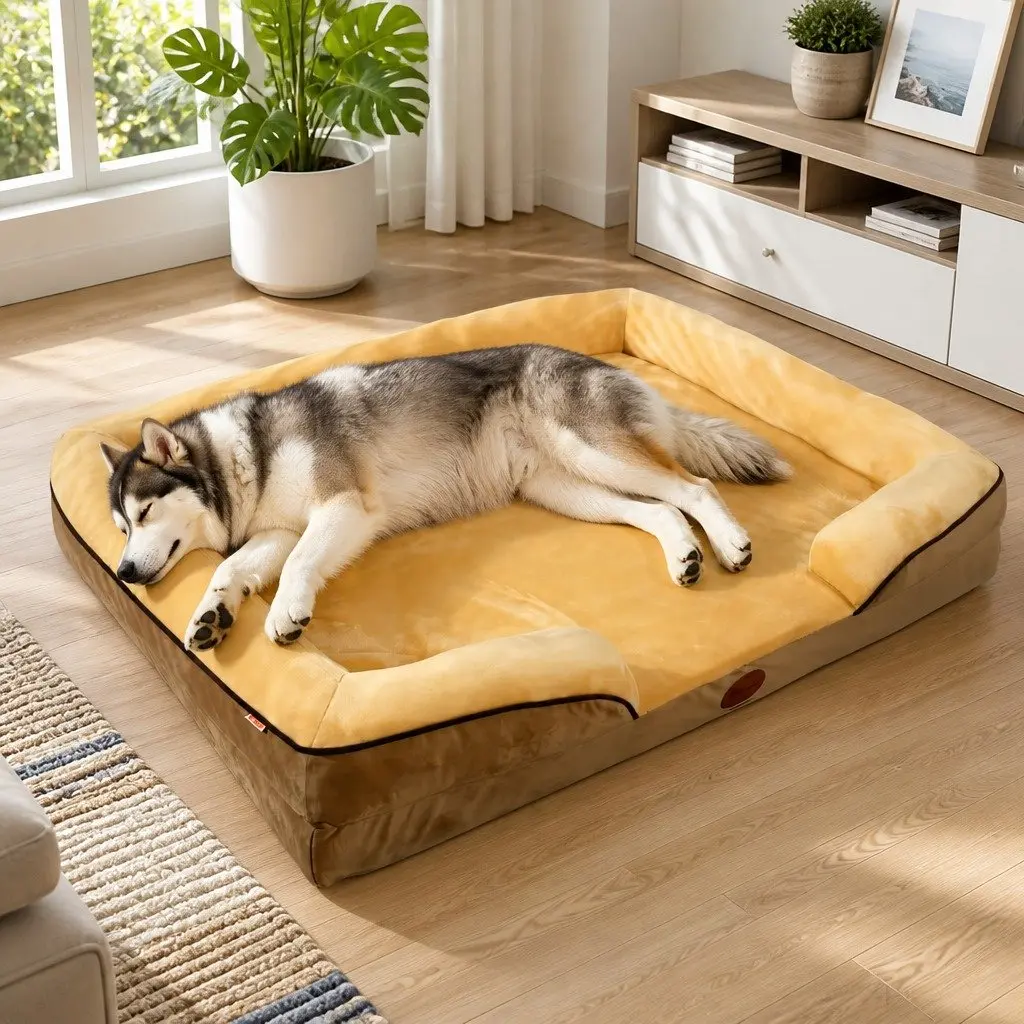 Dog Bed Thickened Sponge Cushion Large Yellow 90x70x17cm Three-Sided Support