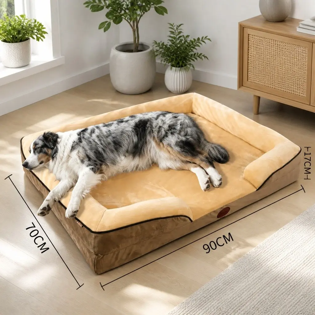 Dog Bed Thickened Sponge Cushion Large Yellow 90x70x17cm Three-Sided Support