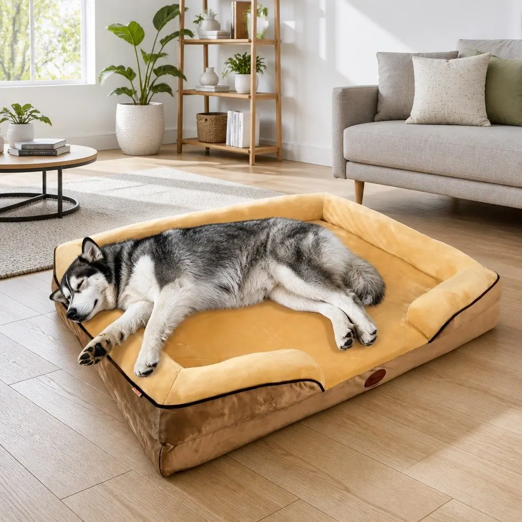 Dog Bed Thickened Sponge Cushion Large Yellow 90x70x17cm Three-Sided Support
