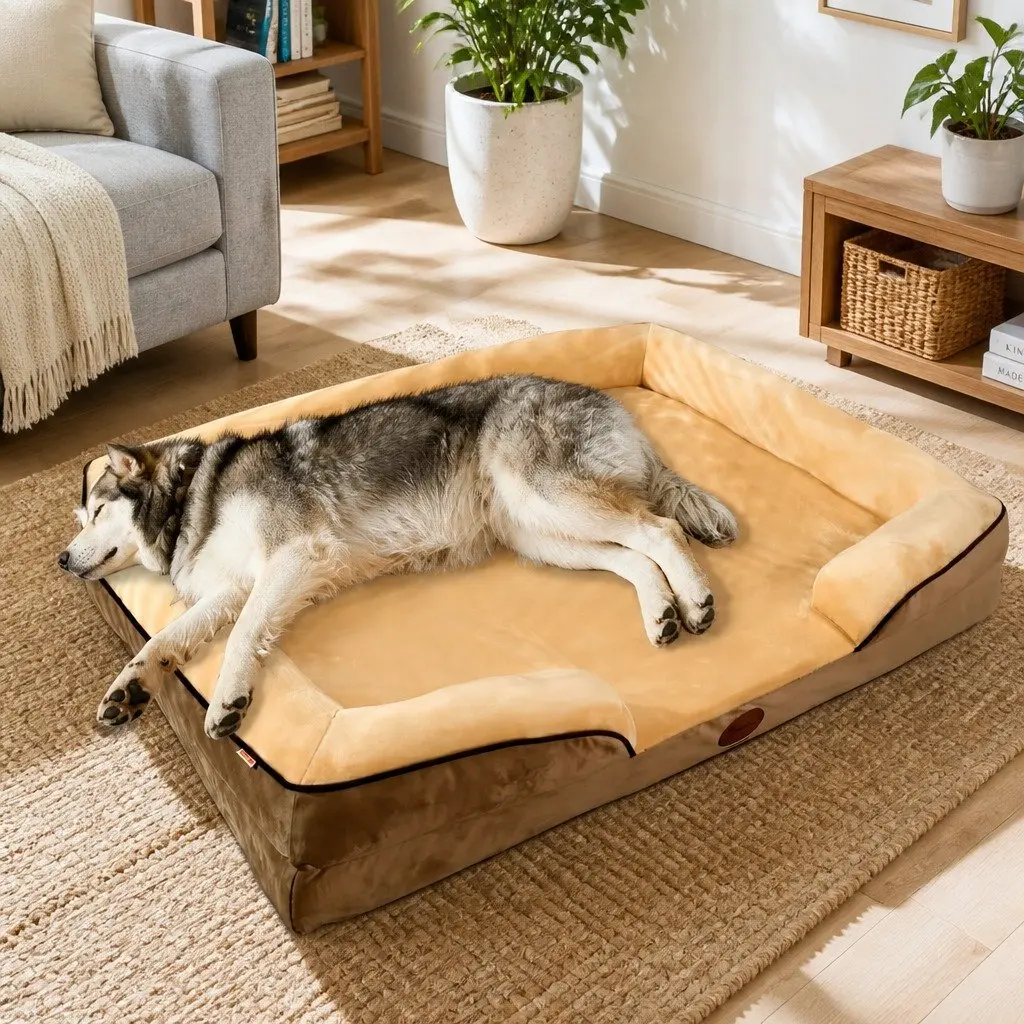 Dog Bed Thickened Sponge Cushion Large Yellow 90x70x17cm Three-Sided Support