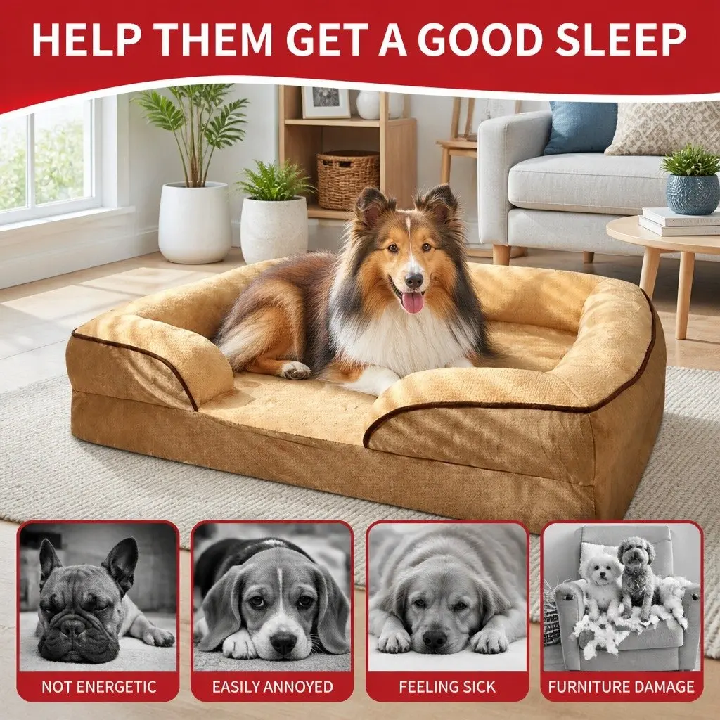 Dog Bed Thickened Sponge Cushion Large Yellow 90x70x17cm Three-Sided Support