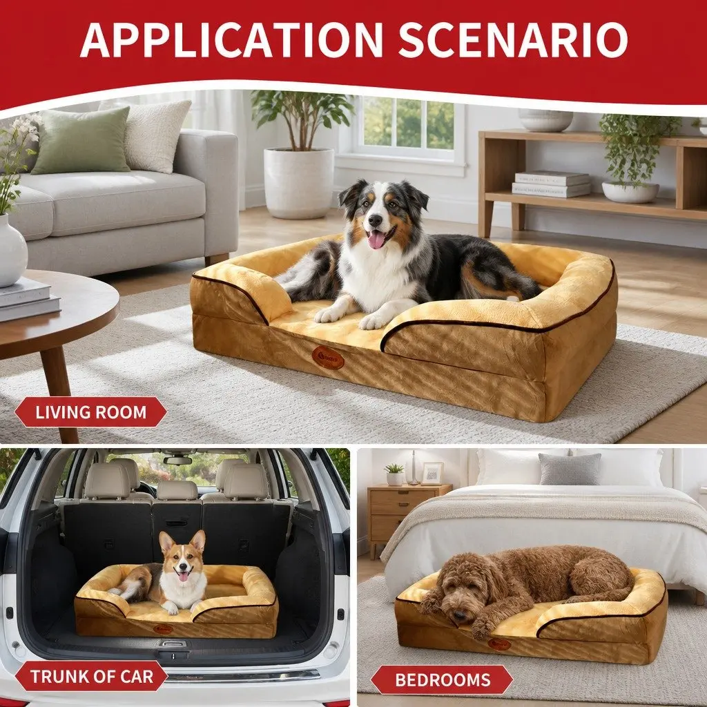 Dog Bed Thickened Sponge Cushion Large Yellow 90x70x17cm Three-Sided Support