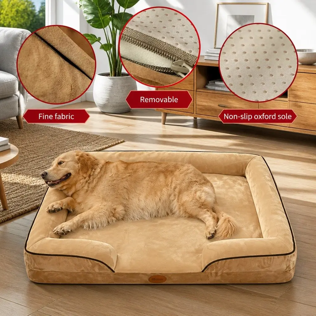 Dog Bed Thickened Sponge Cushion Large Yellow 90x70x17cm Three-Sided Support