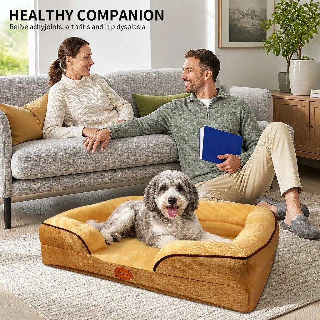 Dog Bed Thickened Sponge Cushion Large Yellow 90x70x17cm Three-Sided Support