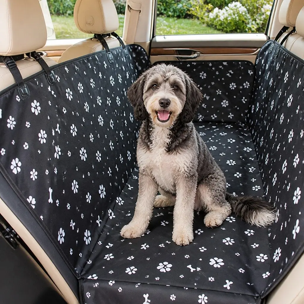 Dog Car Seat Cover Double Layer Waterproof Oxford Fabric 130x145cm Black Print