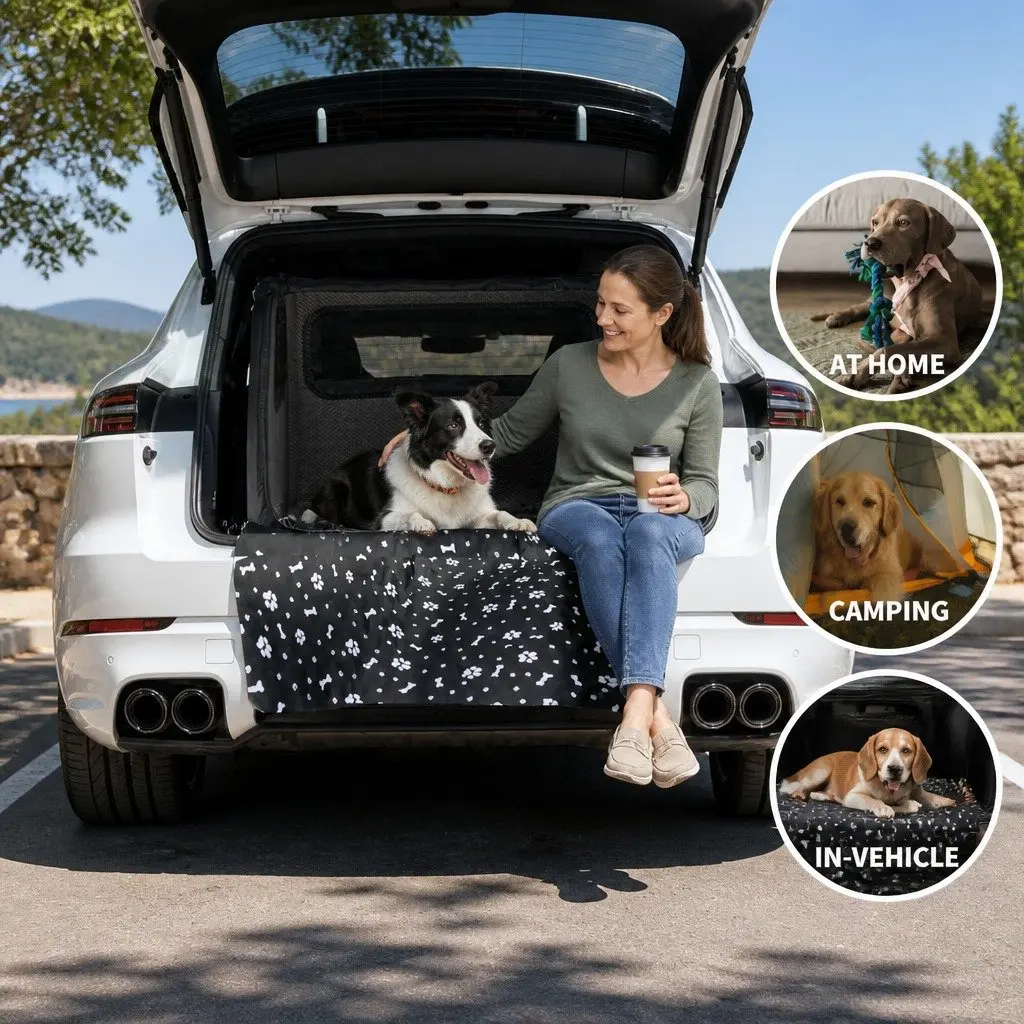 Dog Car Seat Cover Double Layer Waterproof Oxford Fabric 130x145cm Black Print