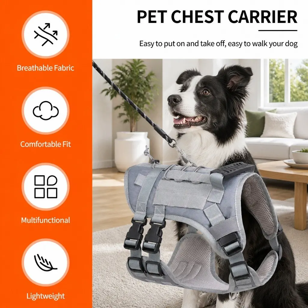 Dog Harness Vest Adjustable POM Material Medium Grey