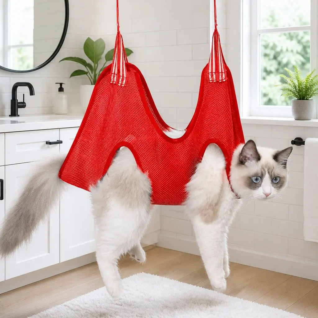 Pet Hammock Grooming Sling Breathable Cloth 60cm Red Support for Dog Cat Bathing and Trimming