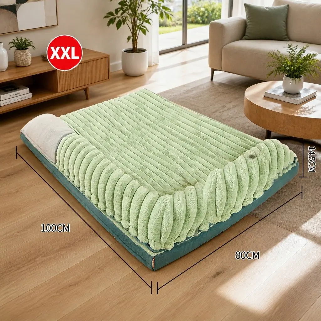Striped Velvet Dog Bed Reversible Design Green Washable Pet Sleeping Mat Cushion