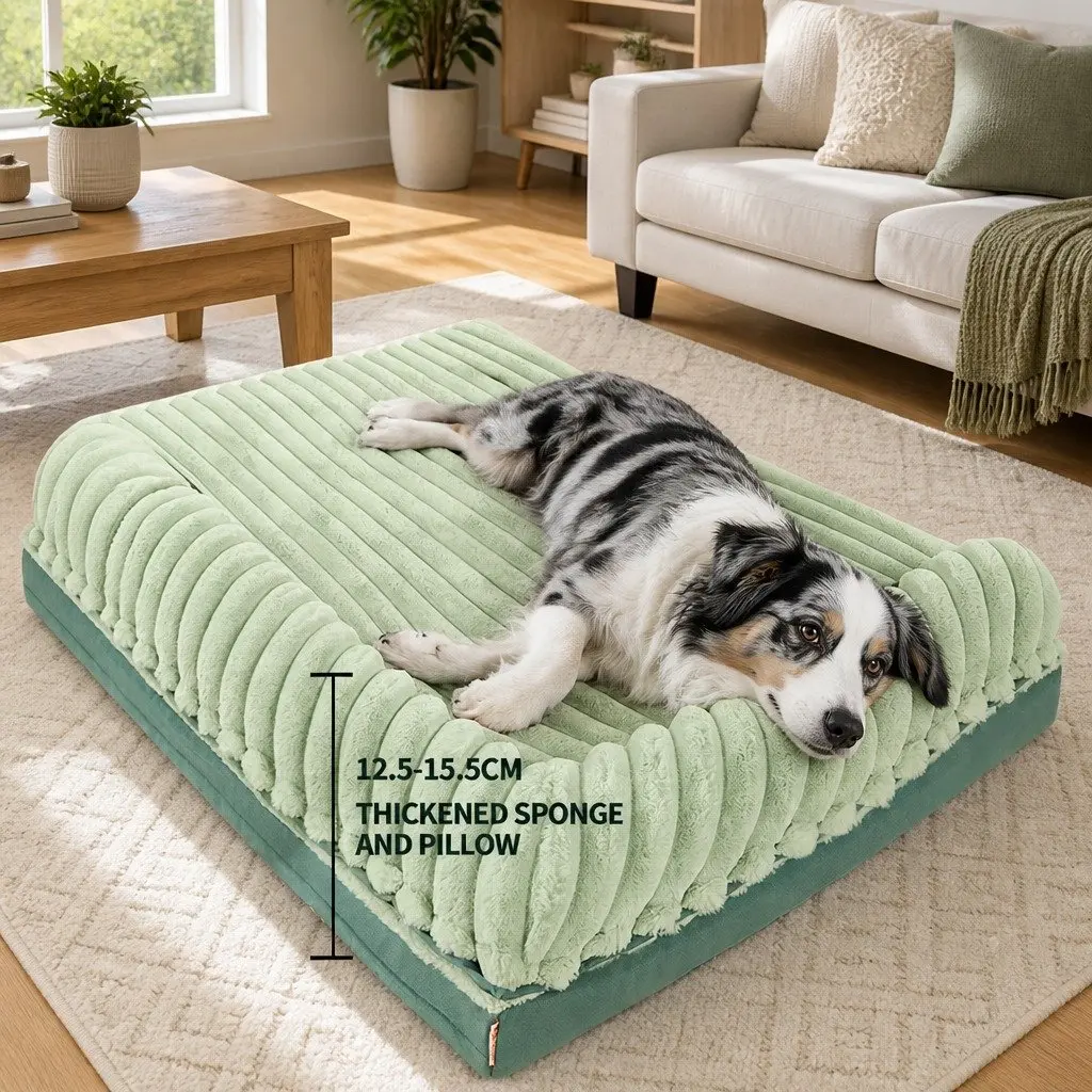 Striped Velvet Dog Bed Reversible Design Green Washable Pet Sleeping Mat Cushion