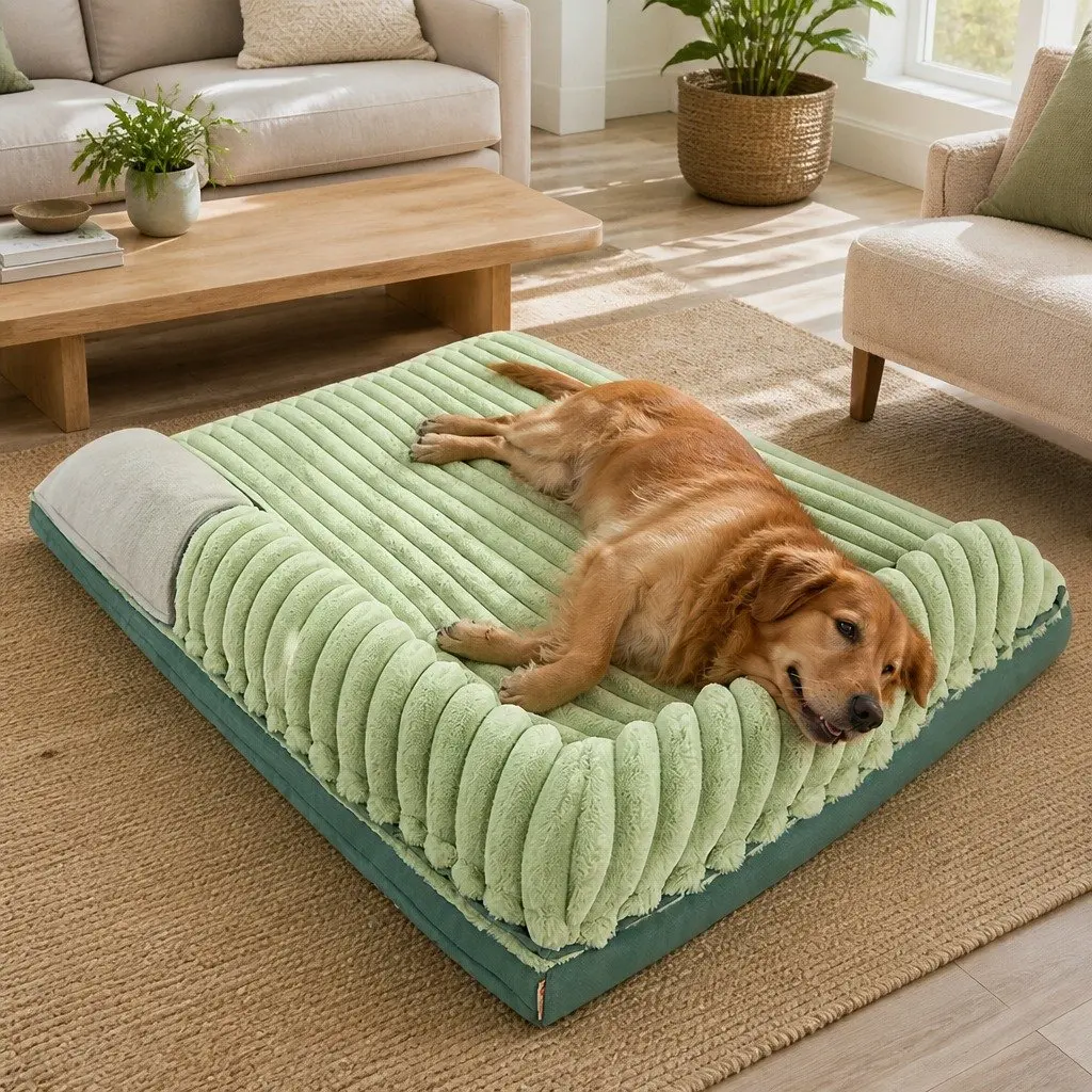 Dog Bed Velvet Green Striped 120x90x15.5cm Removable Washable Reversible Pet Cushion
