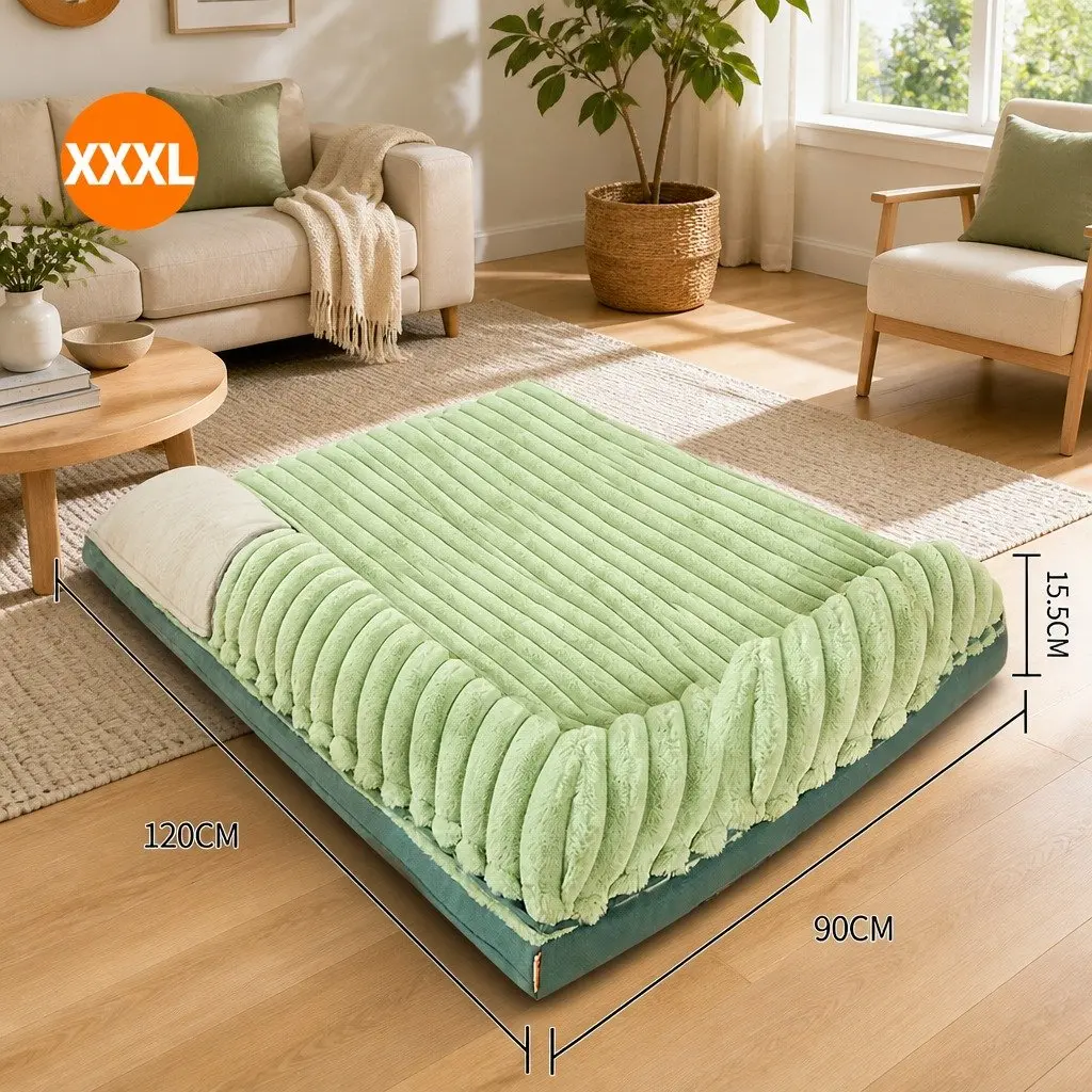 Dog Bed Velvet Green Striped 120x90x15.5cm Removable Washable Reversible Pet Cushion