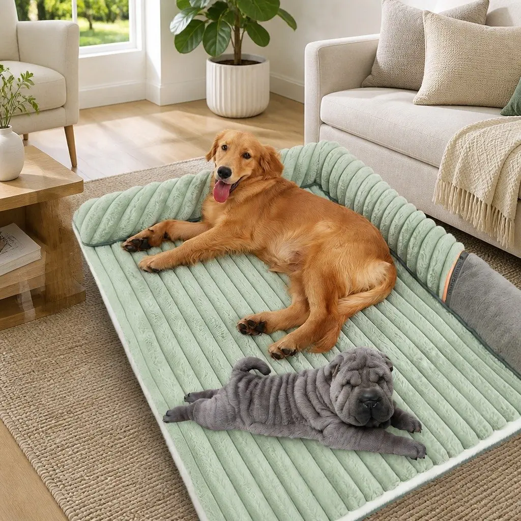 Dog Bed Velvet Green Striped 120x90x15.5cm Removable Washable Reversible Pet Cushion