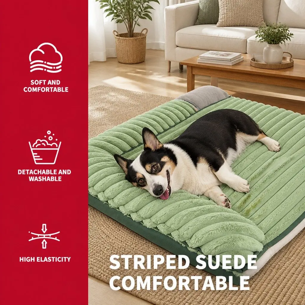Dog Bed Velvet Green Striped 120x90x15.5cm Removable Washable Reversible Pet Cushion