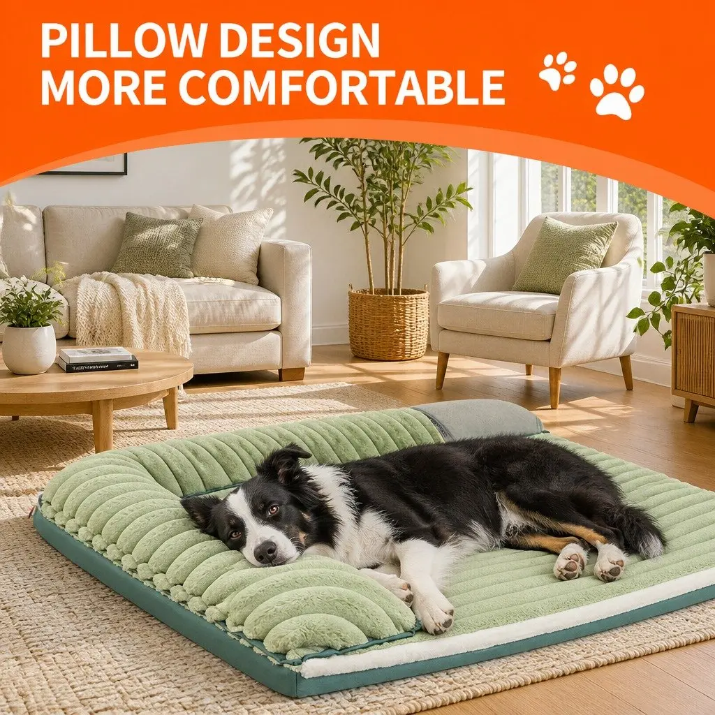 Dog Bed Velvet Green Striped 120x90x15.5cm Removable Washable Reversible Pet Cushion