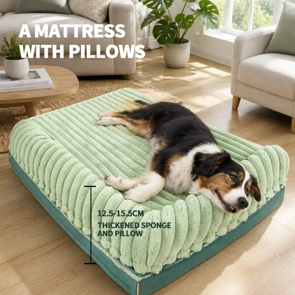 Dog Bed Velvet Green Striped 120x90x15.5cm Removable Washable Reversible Pet Cushion