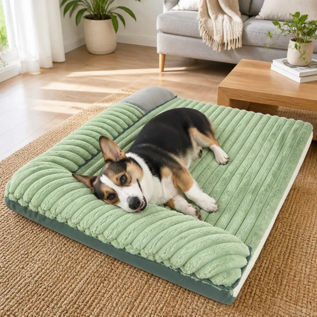 Dual-Sided Detachable Dog Bed Velvet 80x60cm Washable Thick Sponge Cushion Green