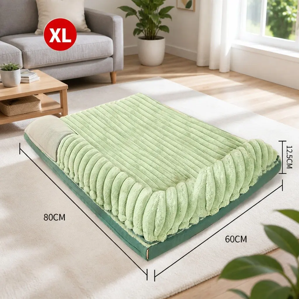 Dual-Sided Detachable Dog Bed Velvet 80x60cm Washable Thick Sponge Cushion Green