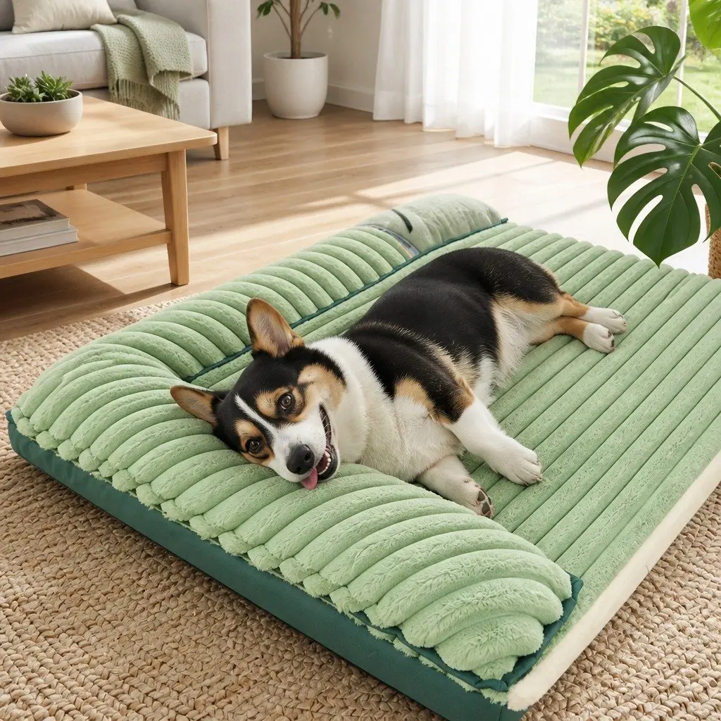 Dual-Sided Detachable Dog Bed Velvet 80x60cm Washable Thick Sponge Cushion Green