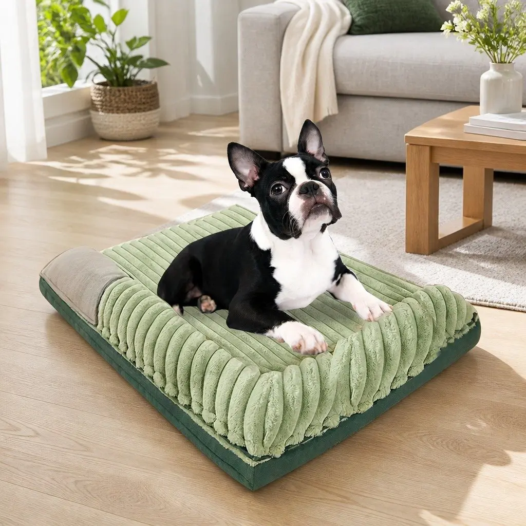 Dual-Sided Detachable Dog Bed Velvet 80x60cm Washable Thick Sponge Cushion Green