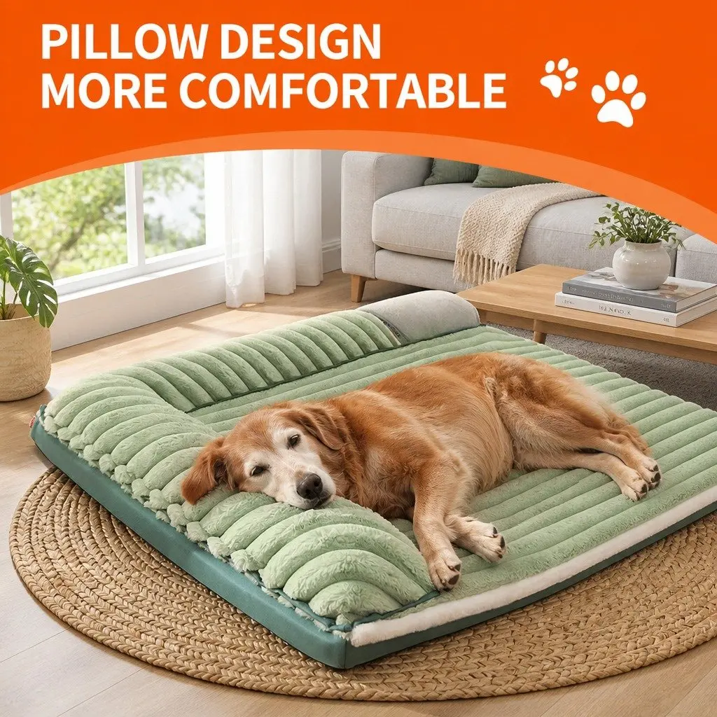 Dual-Sided Detachable Dog Bed Velvet 80x60cm Washable Thick Sponge Cushion Green
