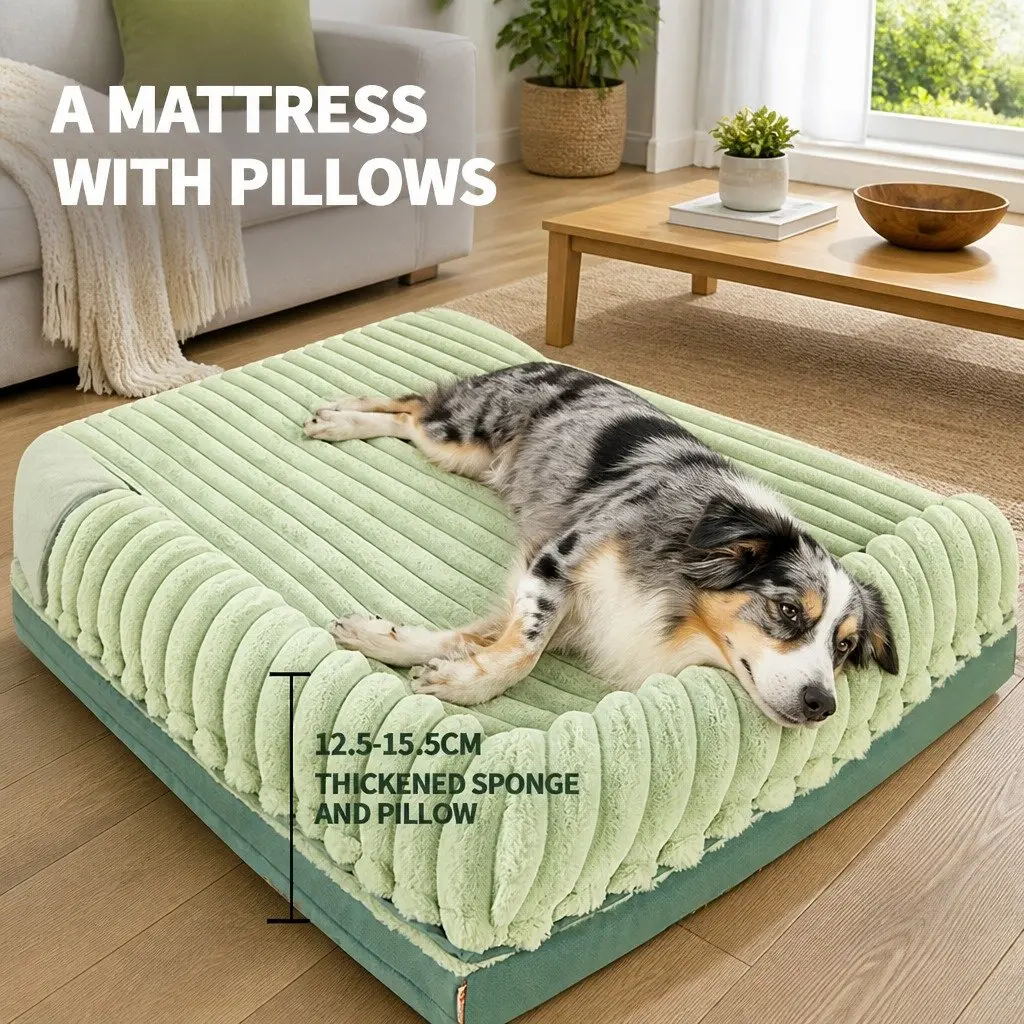 Dual-Sided Detachable Dog Bed Velvet 80x60cm Washable Thick Sponge Cushion Green