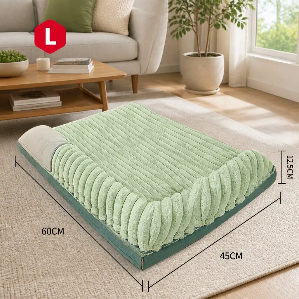 Striped Velvet Dog Bed Detachable Washable Reversible Dual-Sided Green Pet