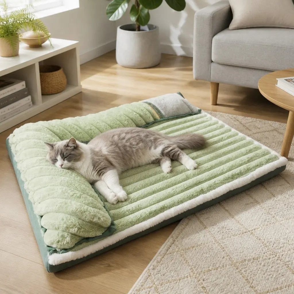 Striped Velvet Dog Bed Detachable Washable Reversible Dual-Sided Green Pet