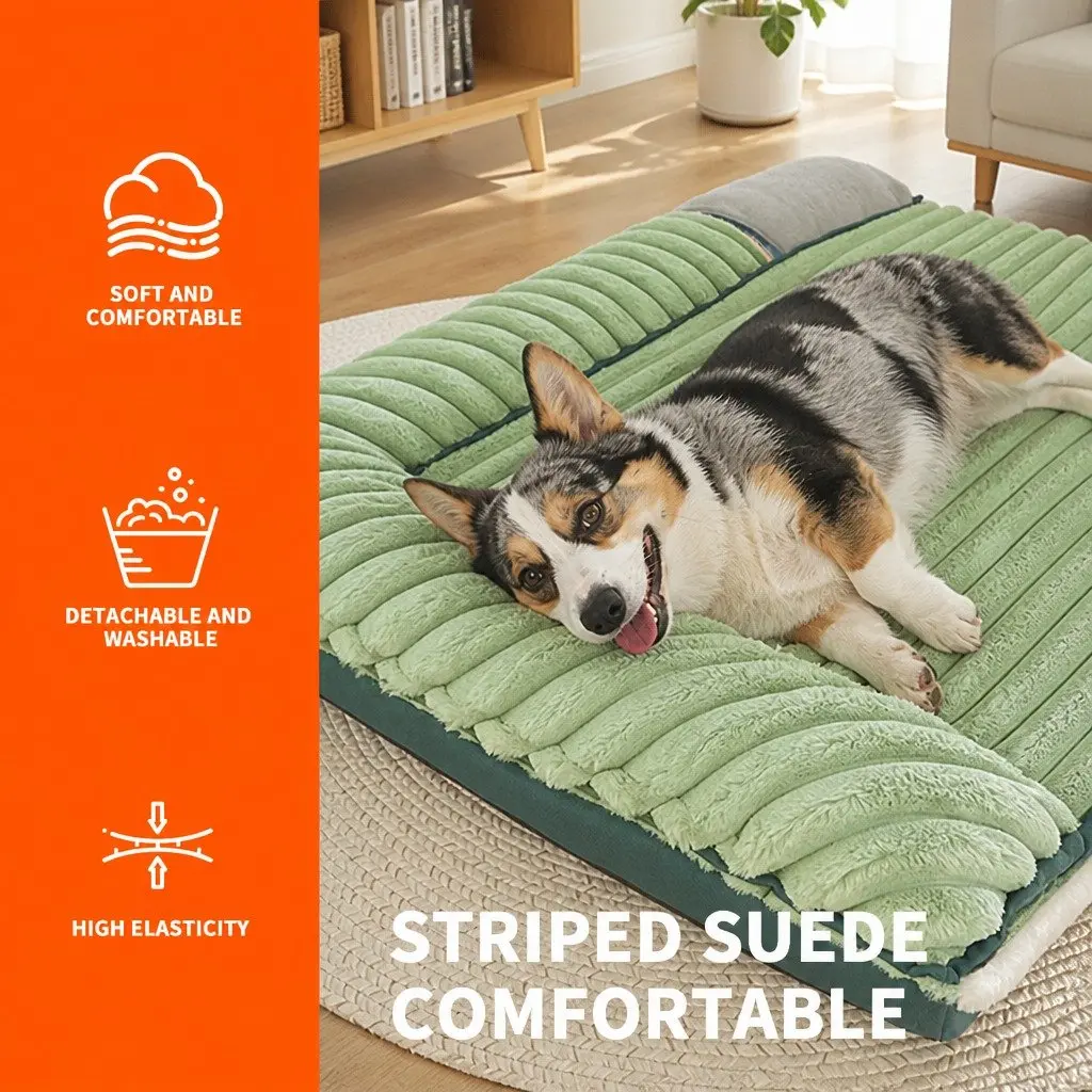 Striped Velvet Dog Bed Detachable Washable Reversible Dual-Sided Green Pet